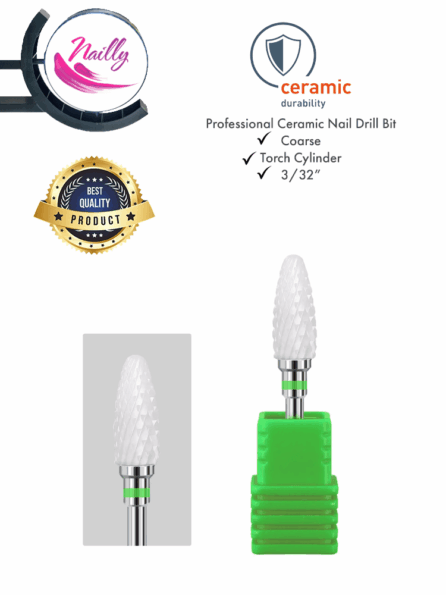 Nailly Professional Ceramic Nail Drill Bit Torch Cylinder Medium Coarse 3/32" Green