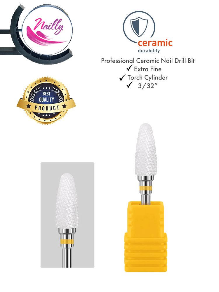 Nailly Professional Ceramic Nail Drill Bit Torch Cylinder Medium Coarse 3/32" Yellow 2 Ceramic Nail Drill Bit Torch Cylinder 3 32 C Extra Fine Yellow 2