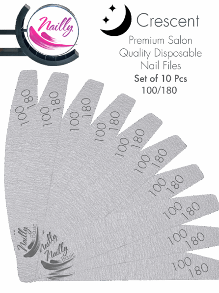 Nailly Basic Premium Salon Quality Grey Crescent Nail File 100/180 (Set of 10)