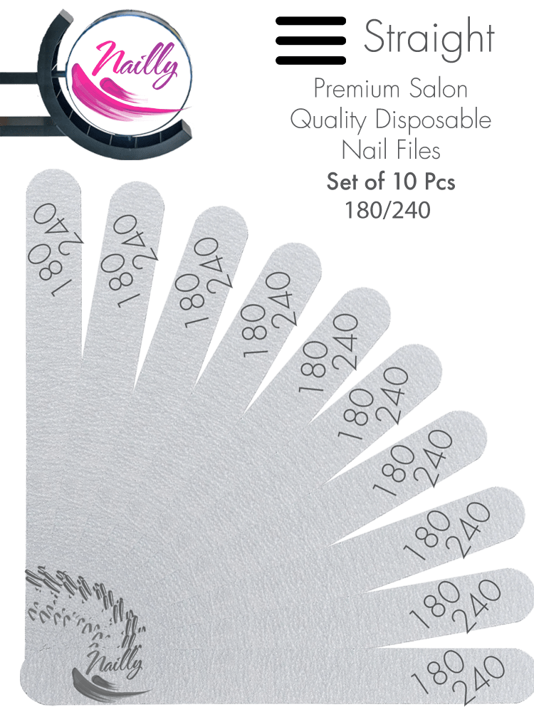 Nailly Basic Premium Salon Quality Grey Straight Nail File 180/240 (Set of 10) 2 Nail Files Straight Set of 10 pcs 180240 2