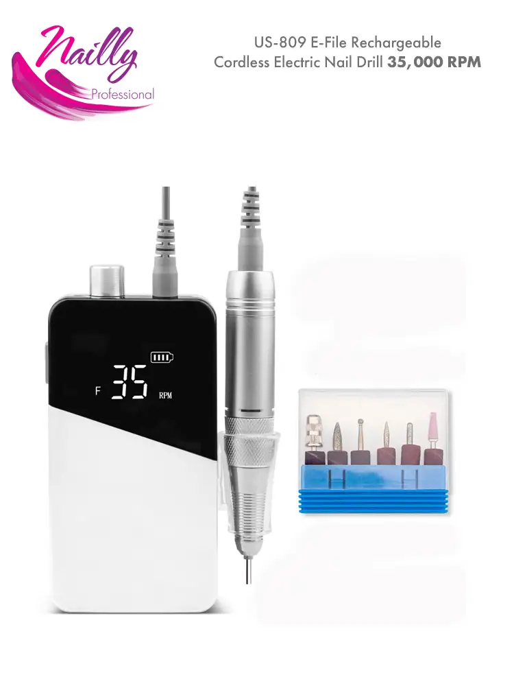 US-809 E-File Rechargeable Electric Nail Drill 35,000 RPM 4 Nailly Professional Cordless E File 35000 RPM US 809 White